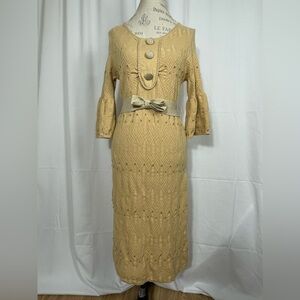Manoush Elegant Tan Knit Dress with Bow Detail Removable Belt and Bell Sleeves.
